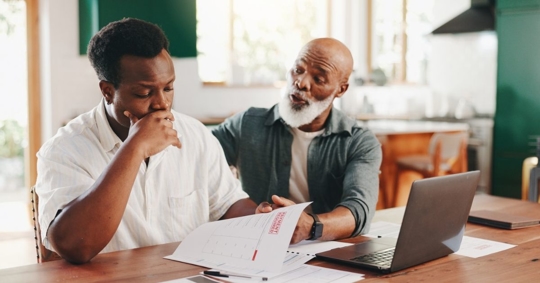 Senior father, son and home finance, advice or teaching wealth management